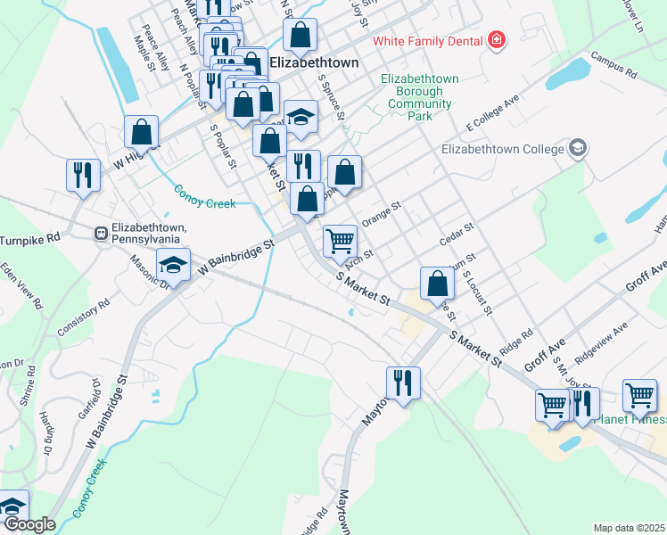 map of restaurants, bars, coffee shops, grocery stores, and more near 539 South Market Street in Elizabethtown