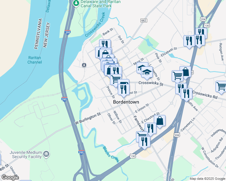map of restaurants, bars, coffee shops, grocery stores, and more near in Bordentown