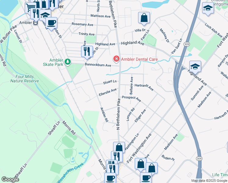 map of restaurants, bars, coffee shops, grocery stores, and more near 500 North Bethlehem Pike in Fort Washington