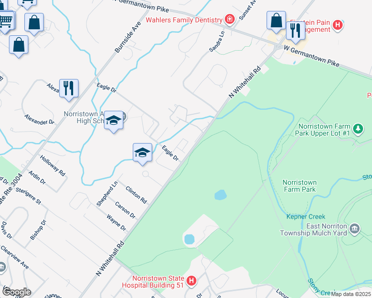 map of restaurants, bars, coffee shops, grocery stores, and more near 417 Cherry Blossom Lane in Trooper