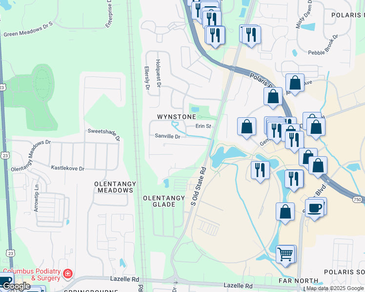 map of restaurants, bars, coffee shops, grocery stores, and more near 663 Sanville Drive in Lewis Center