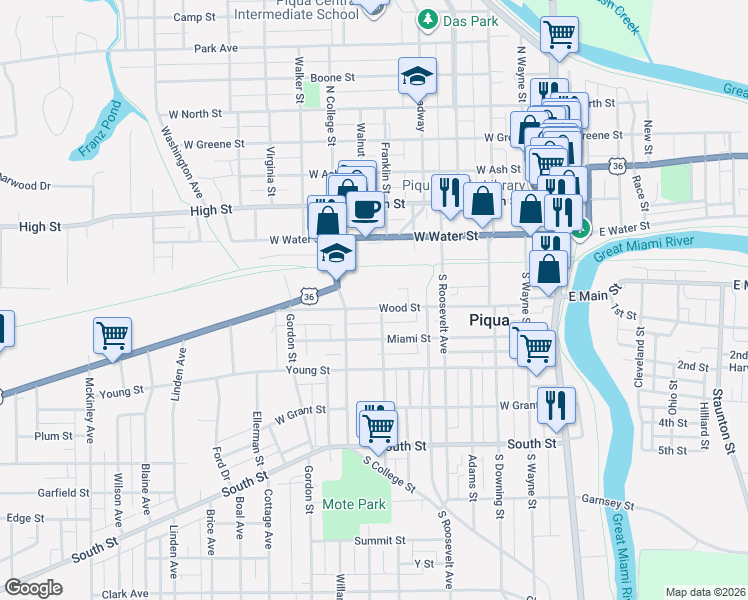 map of restaurants, bars, coffee shops, grocery stores, and more near 514 Wood Street in Piqua
