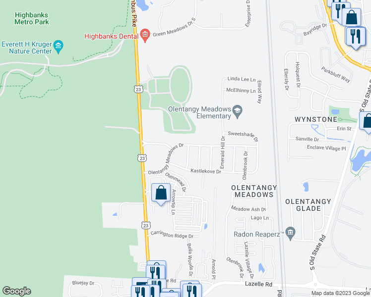 map of restaurants, bars, coffee shops, grocery stores, and more near 161 Olentangy Meadows Dr in Columbus