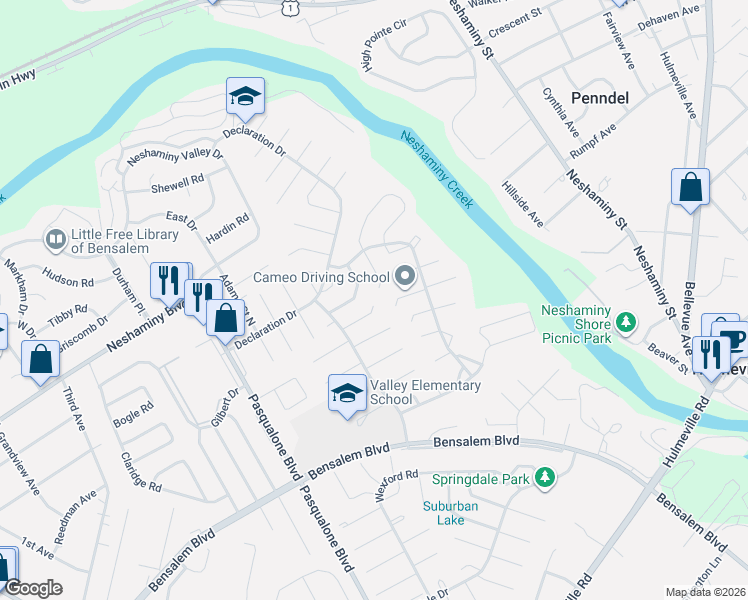 map of restaurants, bars, coffee shops, grocery stores, and more near 3132 Benjamin Rush Court in Bensalem