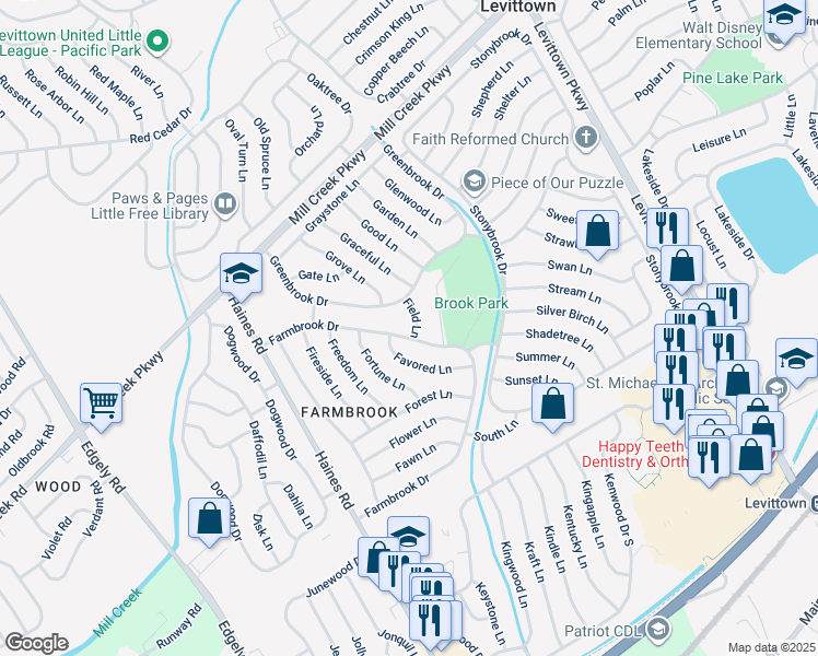map of restaurants, bars, coffee shops, grocery stores, and more near 1 Field Lane in Levittown