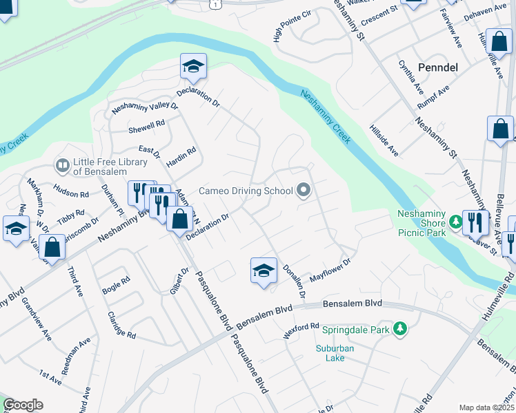 map of restaurants, bars, coffee shops, grocery stores, and more near 6316 Powder Horn Court in Bensalem