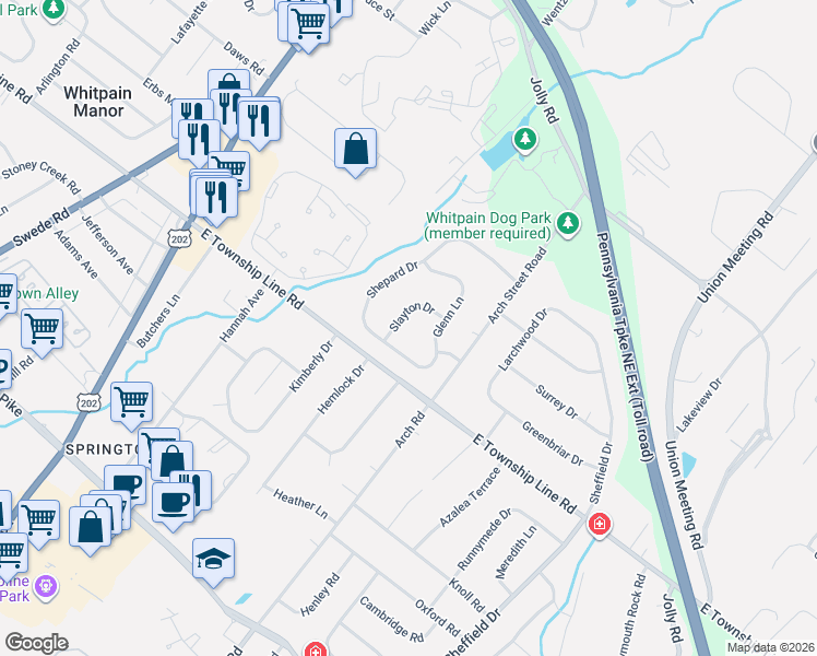 map of restaurants, bars, coffee shops, grocery stores, and more near 1750 Slayton Drive in Blue Bell