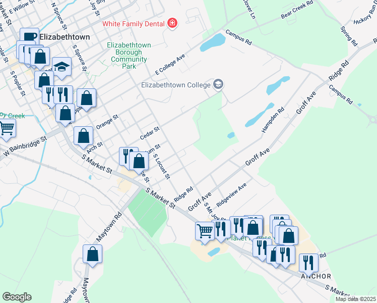 map of restaurants, bars, coffee shops, grocery stores, and more near 430 Cherry Street in Elizabethtown