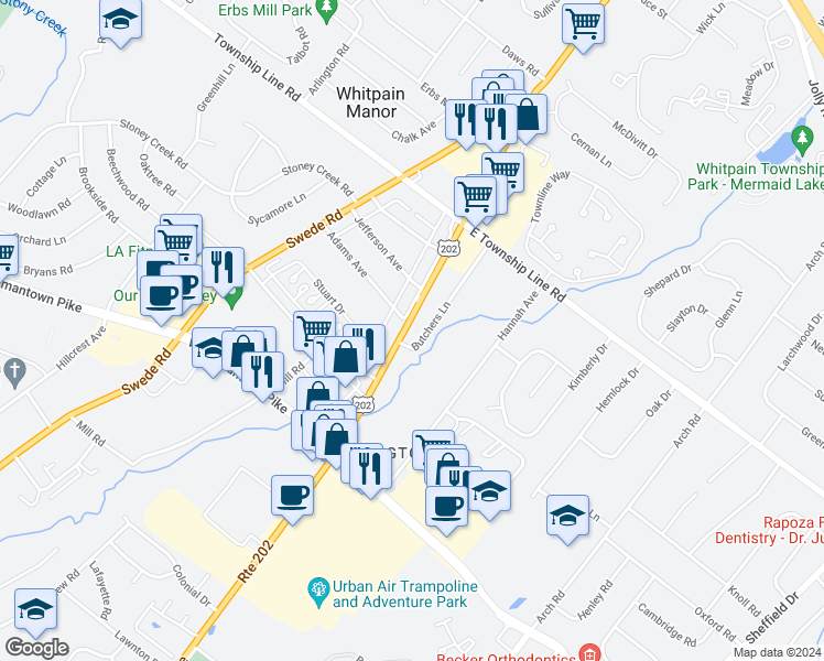 map of restaurants, bars, coffee shops, grocery stores, and more near 3004 Dekalb Pike in East Norriton