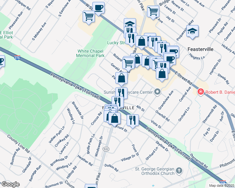 map of restaurants, bars, coffee shops, grocery stores, and more near 416 Bellows Lane in Feasterville-Trevose