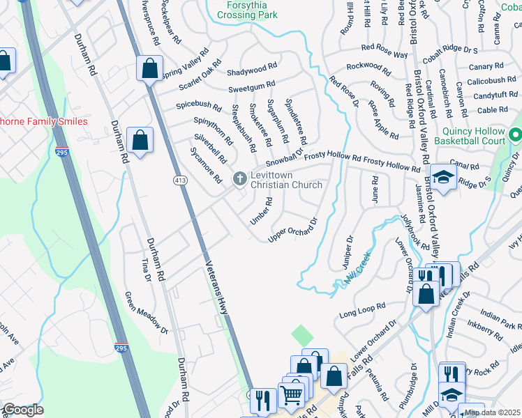 map of restaurants, bars, coffee shops, grocery stores, and more near 15 Upland Road in Levittown