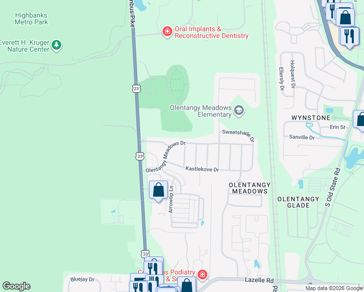 map of restaurants, bars, coffee shops, grocery stores, and more near 161 Olentangy Meadows Drive in Lewis Center
