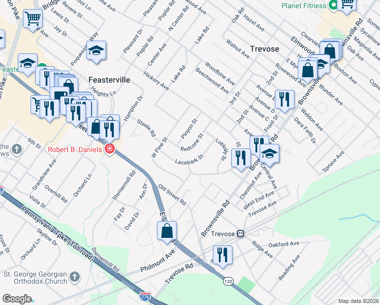 map of restaurants, bars, coffee shops, grocery stores, and more near 1315 Redcone Street in Feasterville-Trevose