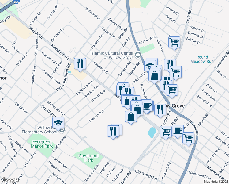 map of restaurants, bars, coffee shops, grocery stores, and more near 501 West Moreland Road in Willow Grove
