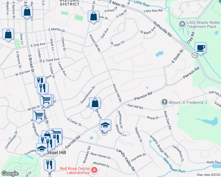 map of restaurants, bars, coffee shops, grocery stores, and more near 223 Oxford Drive in Lititz