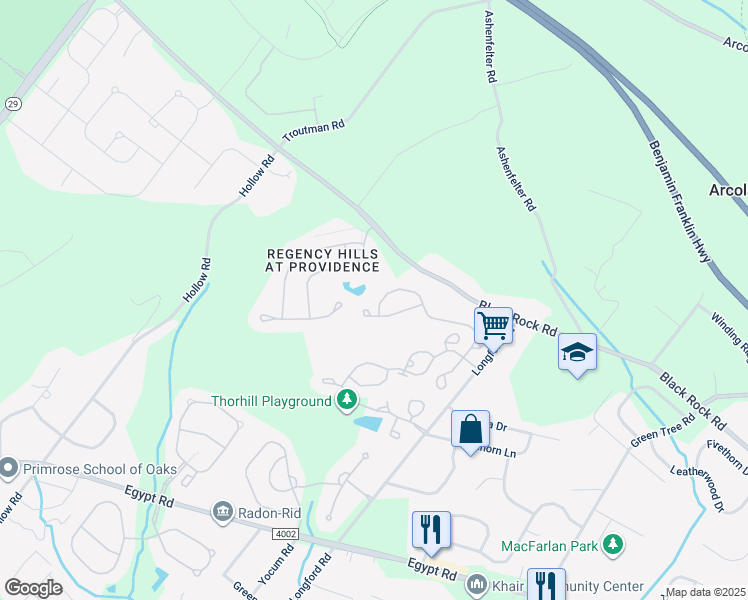 map of restaurants, bars, coffee shops, grocery stores, and more near 427 Nottingham Lane in Collegeville