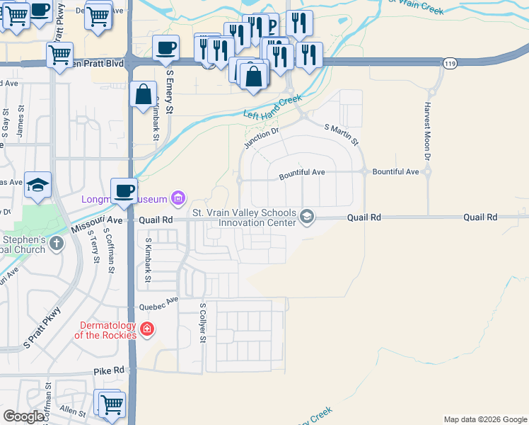 map of restaurants, bars, coffee shops, grocery stores, and more near 199 Sugar Beet Circle in Longmont