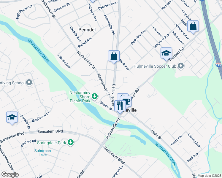 map of restaurants, bars, coffee shops, grocery stores, and more near 920 Bellevue Avenue in Hulmeville