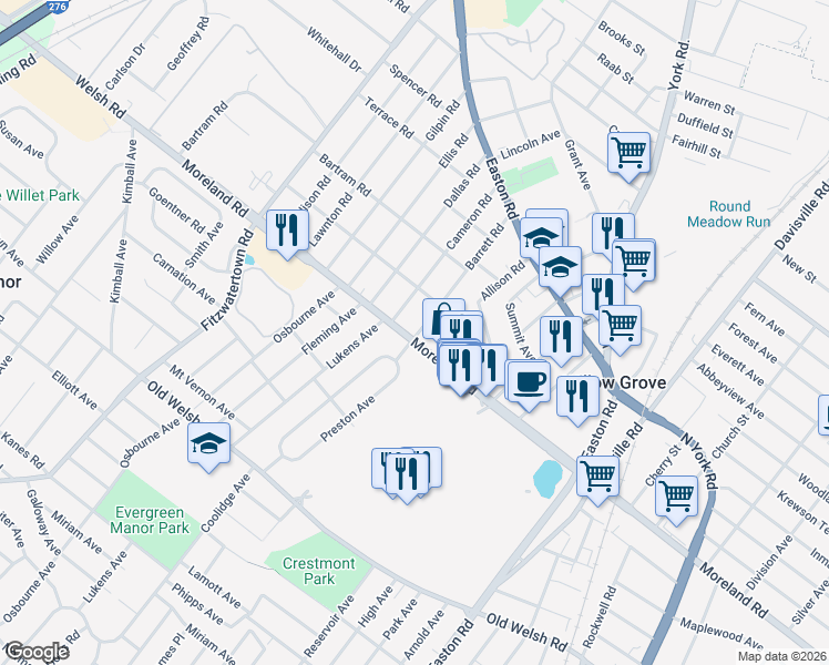 map of restaurants, bars, coffee shops, grocery stores, and more near 12 Barrett Road in Willow Grove