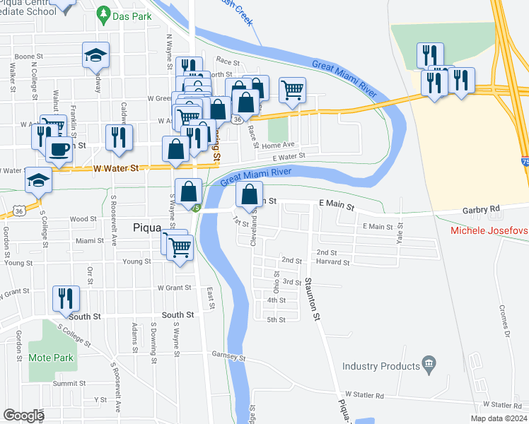 map of restaurants, bars, coffee shops, grocery stores, and more near 204 East Main Street in Piqua
