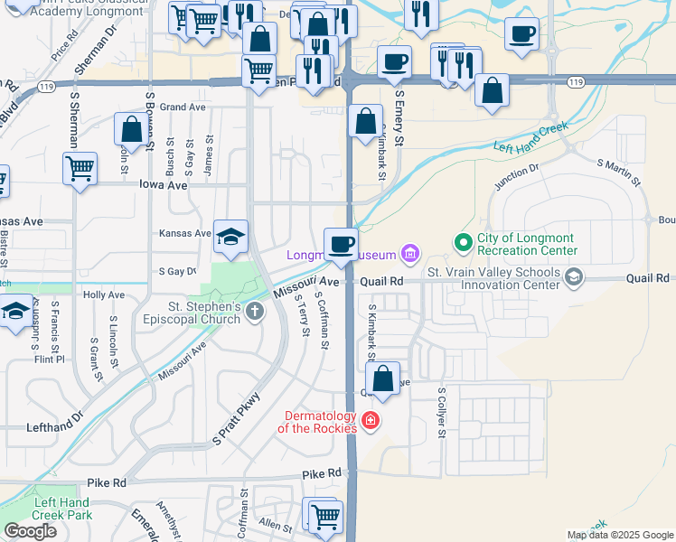 map of restaurants, bars, coffee shops, grocery stores, and more near 1054 South Coffman Street in Longmont