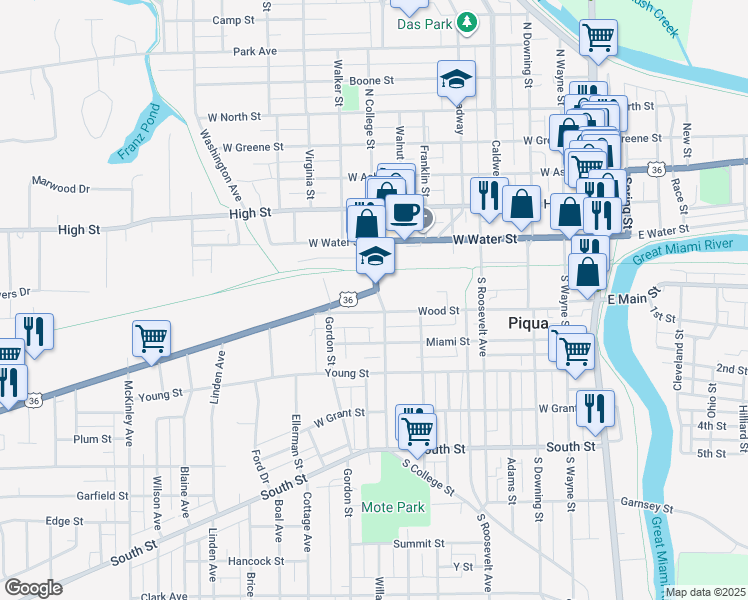 map of restaurants, bars, coffee shops, grocery stores, and more near 601 Covington Avenue in Piqua