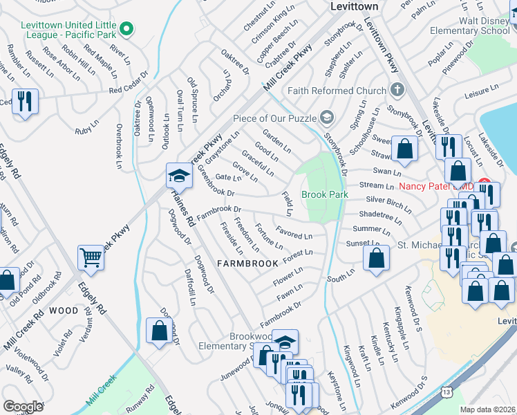 map of restaurants, bars, coffee shops, grocery stores, and more near 62 Greenbrook Drive in Levittown