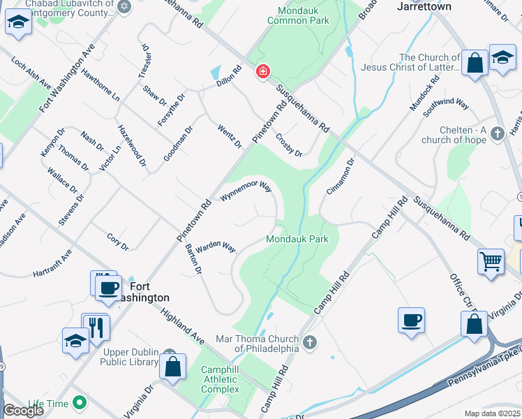 map of restaurants, bars, coffee shops, grocery stores, and more near 1 Bradford Circle in Fort Washington