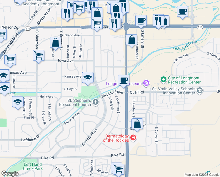 map of restaurants, bars, coffee shops, grocery stores, and more near 1065 South Coffman Street in Longmont