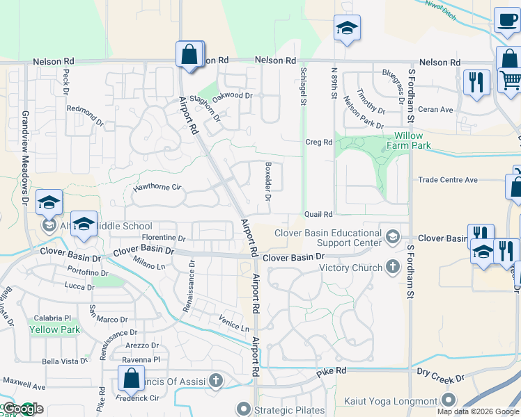 map of restaurants, bars, coffee shops, grocery stores, and more near 1120 Alder Way in Longmont