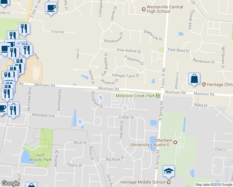 map of restaurants, bars, coffee shops, grocery stores, and more near 785 Woodbend Drive in Westerville