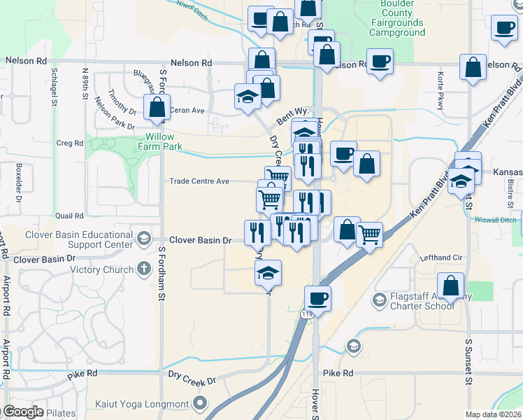 map of restaurants, bars, coffee shops, grocery stores, and more near Dry Creek Drive in Longmont