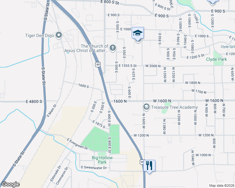 map of restaurants, bars, coffee shops, grocery stores, and more near 1525 South 400 East in Springville