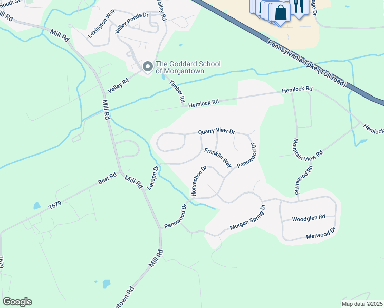 map of restaurants, bars, coffee shops, grocery stores, and more near 14 Lenape Drive in Morgantown