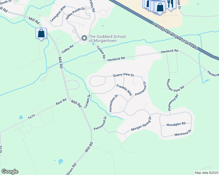 map of restaurants, bars, coffee shops, grocery stores, and more near 14 Lenape Drive in Morgantown