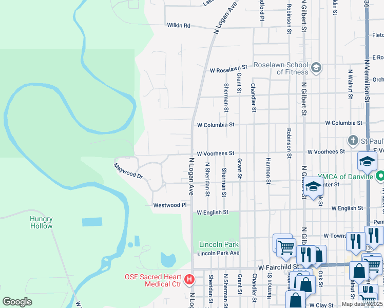 map of restaurants, bars, coffee shops, grocery stores, and more near 1300 North Logan Avenue in Danville