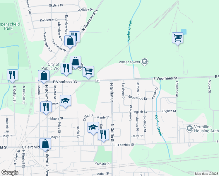 map of restaurants, bars, coffee shops, grocery stores, and more near 1210 North Griffin Street in Danville