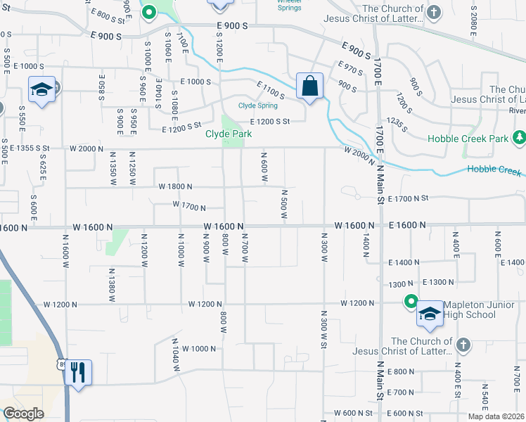 map of restaurants, bars, coffee shops, grocery stores, and more near 1762 North 700 West in Mapleton