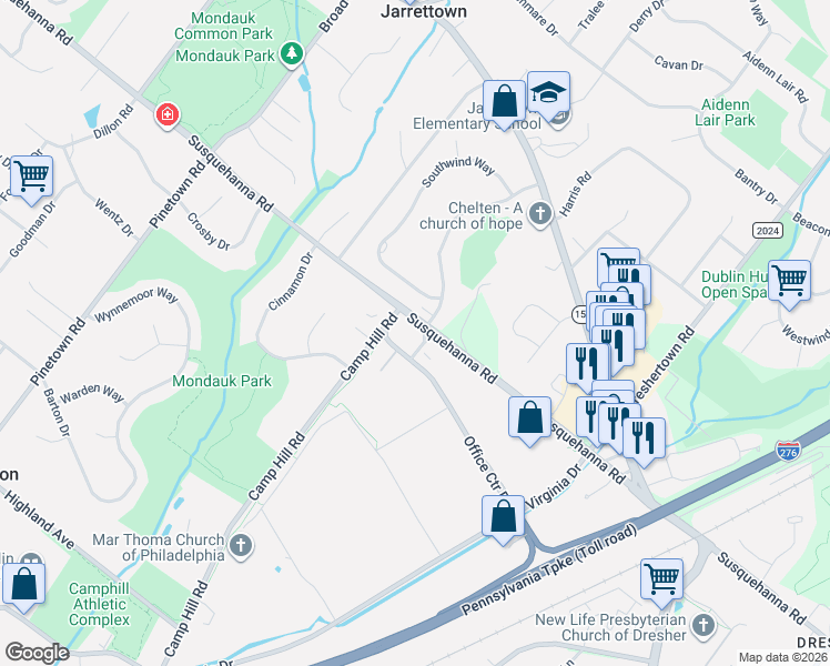 map of restaurants, bars, coffee shops, grocery stores, and more near 1400 Candlebrook Drive in Dresher