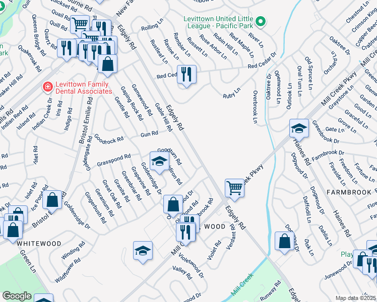 map of restaurants, bars, coffee shops, grocery stores, and more near 3710 Edgely Road in Levittown