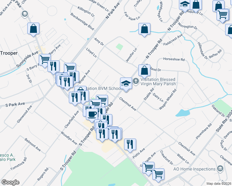 map of restaurants, bars, coffee shops, grocery stores, and more near 113 North Trooper Road in Eagleville