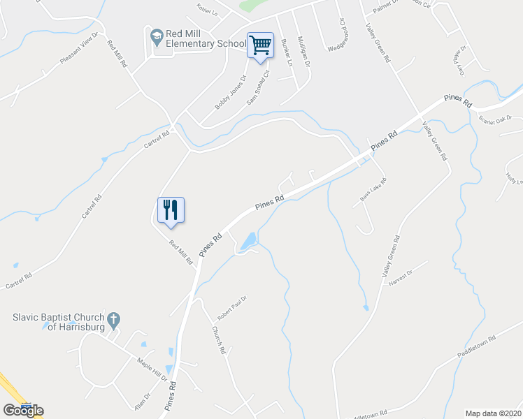 map of restaurants, bars, coffee shops, grocery stores, and more near 1100 Pines Road in Goldsboro