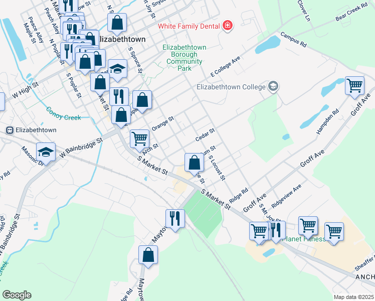 map of restaurants, bars, coffee shops, grocery stores, and more near 711 South Spruce Street in Elizabethtown