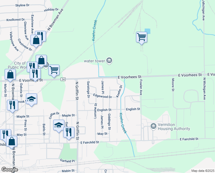 map of restaurants, bars, coffee shops, grocery stores, and more near 1201-1299 James Place in Danville