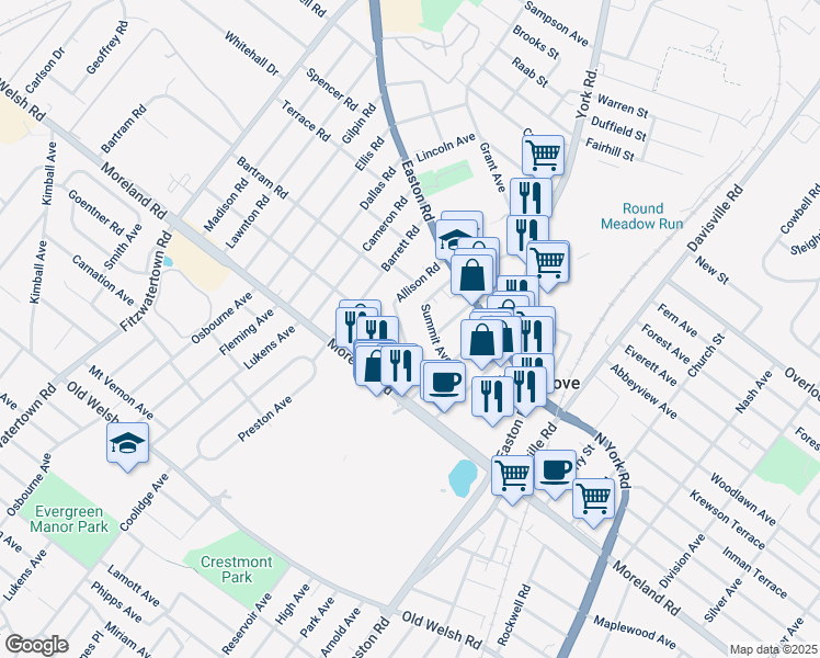 map of restaurants, bars, coffee shops, grocery stores, and more near 119 Summit Avenue in Willow Grove