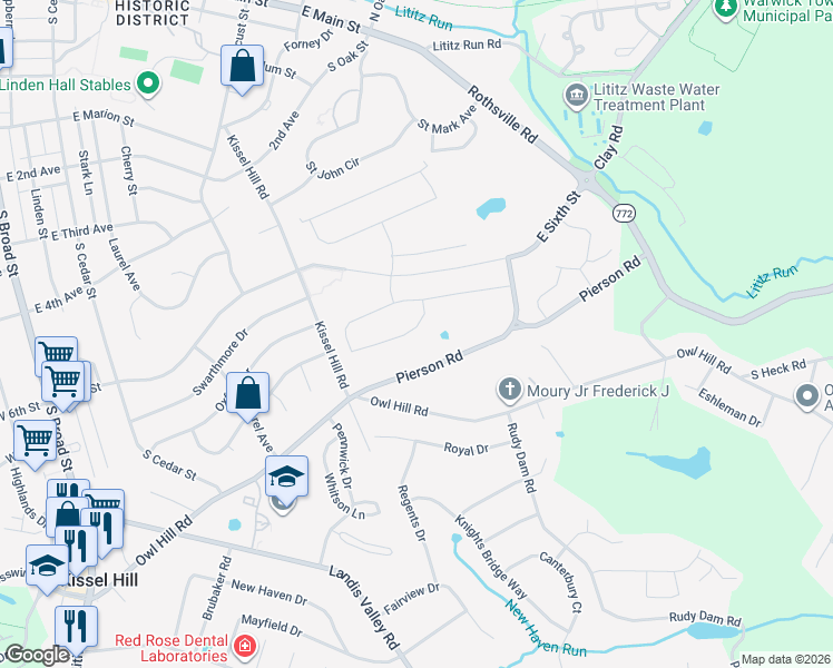 map of restaurants, bars, coffee shops, grocery stores, and more near 313 Pierson Road in Lititz