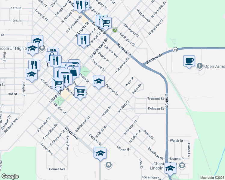 map of restaurants, bars, coffee shops, grocery stores, and more near 301 North Sheridan Street in Lincoln