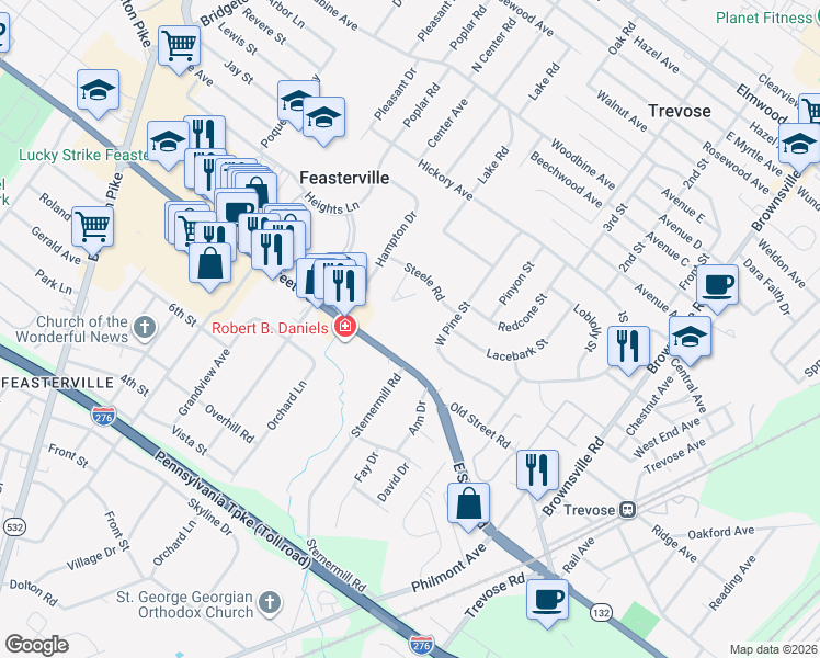 map of restaurants, bars, coffee shops, grocery stores, and more near 400 East Street Road in Feasterville-Trevose