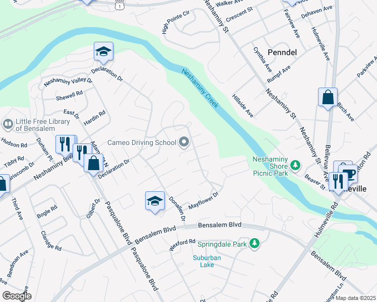 map of restaurants, bars, coffee shops, grocery stores, and more near 6432 Thomas Paine Court in Bensalem