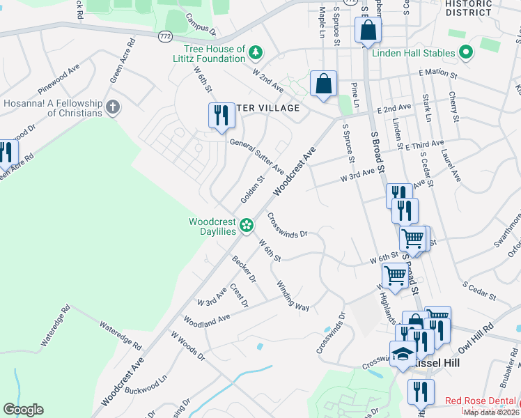 map of restaurants, bars, coffee shops, grocery stores, and more near 535 Golden Street in Lititz